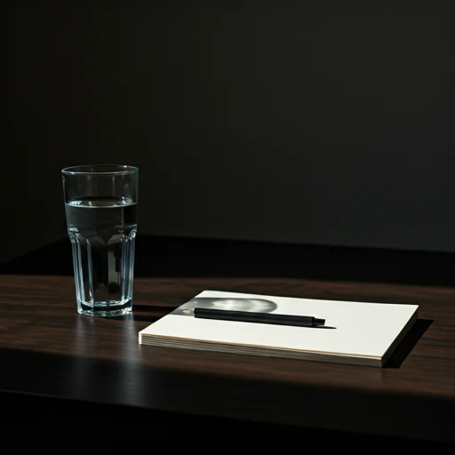 Rustige scene met een glas water en minimalistisch notitieboek op een donker bureau