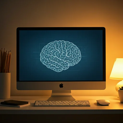 Strakke minimale thuiskantooropstelling met monitor waarop een hersenkaartgrafiek wordt weergegeven