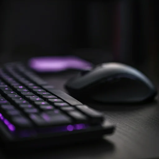 Close-up van mechanisch toetsenbord en muis met zachte paarse achtergrondverlichting
