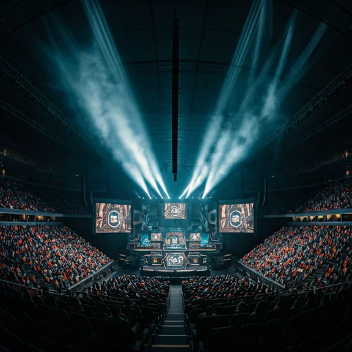 Druk bezet esportsarenascenario met dramatische spotverlichting en mist