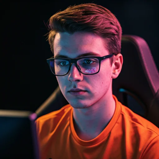 Nederlandse esportsspeler geconcentreerd in een donkere kamer met neonviolette verlichting