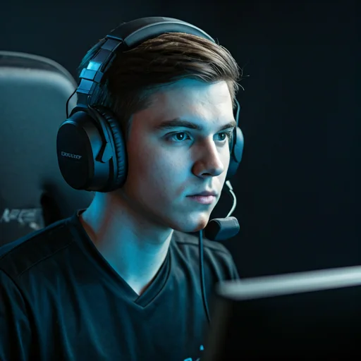 Moderne esportsspeler in donkere kamer met geconcentreerde blik en professionele headset