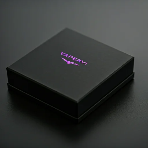 Strak zwart hardwarepakket met metaalachtig paars Vapervi-logo reliëf