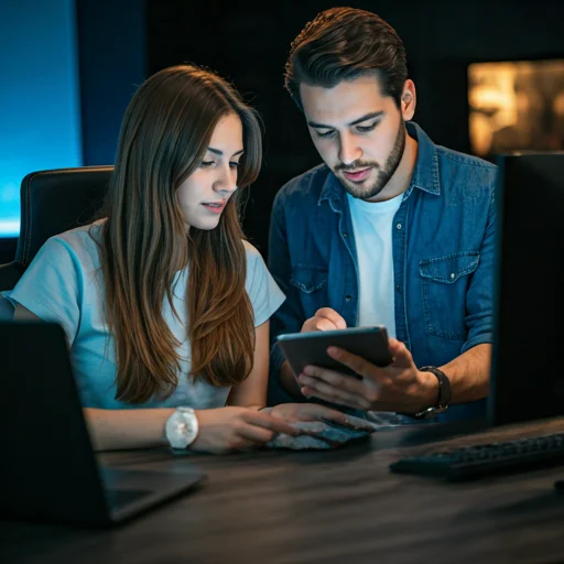 Twee personen in een professionele gaming lounge die prestatiecijfers bespreken op een tablet